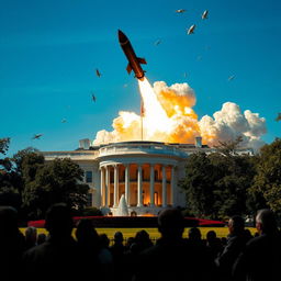 A dramatic scene depicting a missile striking the White House, capturing the intense moment with dynamic clouds of smoke and debris flying in the air