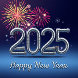 A visually striking New Year greeting created with intricate gray pipes that are artistically bent and shaped to form the numbers '2025'