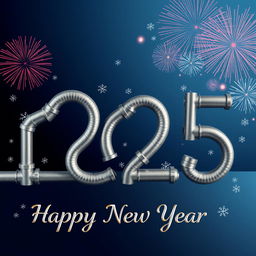 A visually striking New Year greeting created with intricate gray pipes that are artistically bent and shaped to form the numbers '2025'