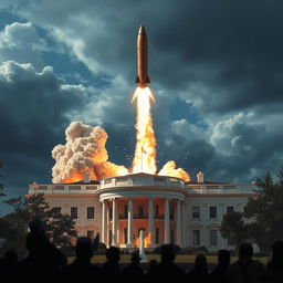 A dramatic scene depicting a missile hitting the White House, capturing the intense moment with billowing smoke and shattering debris