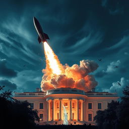 A dramatic scene depicting a missile hitting the White House, capturing the intense moment with billowing smoke and shattering debris