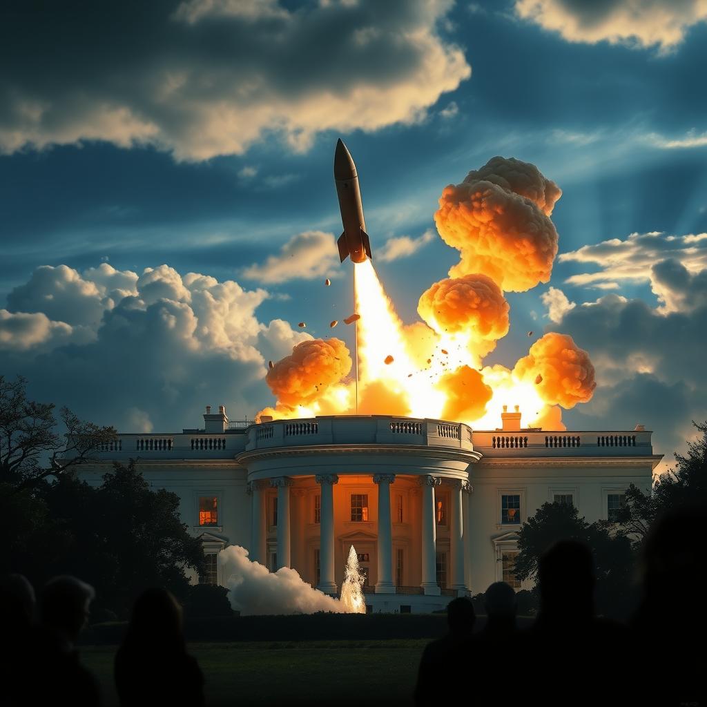 A dramatic scene depicting a missile hitting the White House, capturing the intense moment with billowing smoke and shattering debris