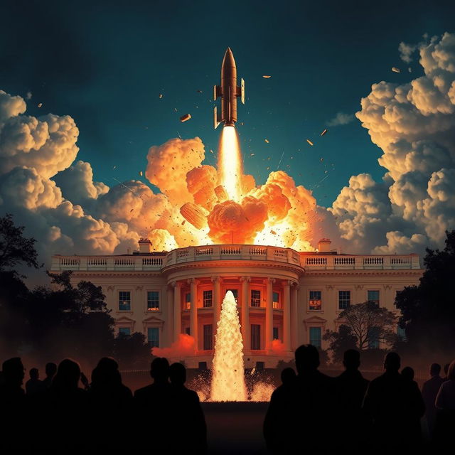 A dramatic scene depicting a missile hitting the White House, capturing the intense moment with billowing smoke and shattering debris