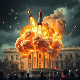 A striking depiction of a missile impacting the White House, showcasing the moment of explosion with vibrant flames and a massive cloud of smoke enveloping the building