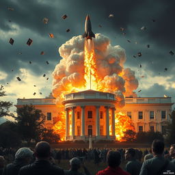 A striking depiction of a missile impacting the White House, showcasing the moment of explosion with vibrant flames and a massive cloud of smoke enveloping the building