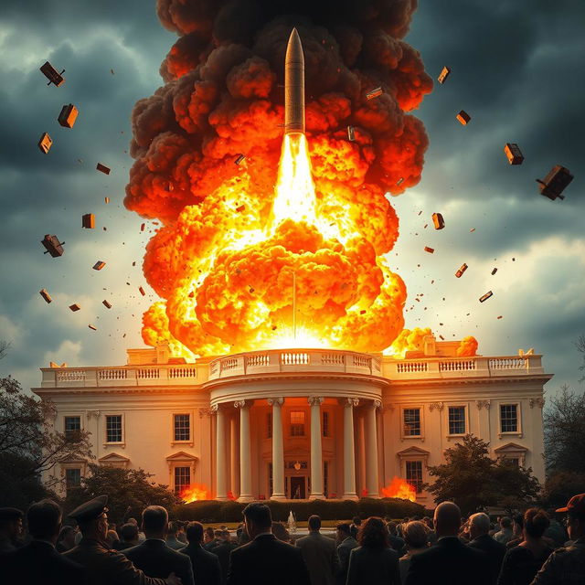 A striking depiction of a missile impacting the White House, showcasing the moment of explosion with vibrant flames and a massive cloud of smoke enveloping the building