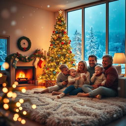 A cozy Christmas scene featuring a beautifully decorated living room with a large, sparkling Christmas tree adorned with colorful ornaments and twinkling lights