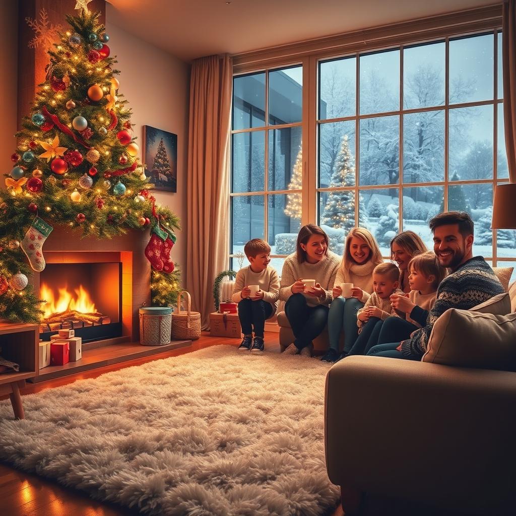 A cozy Christmas scene featuring a beautifully decorated living room with a large, sparkling Christmas tree adorned with colorful ornaments and twinkling lights