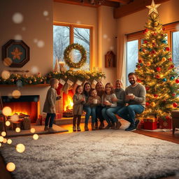 A cozy Christmas scene featuring a beautifully decorated living room with a large, sparkling Christmas tree adorned with colorful ornaments and twinkling lights