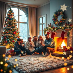 A cozy Christmas scene featuring a beautifully decorated living room with a large, sparkling Christmas tree adorned with colorful ornaments and twinkling lights