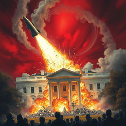 An intense scene of a missile striking the White House, leading to a spectacular explosion that causes the building to disintegrate into rubble