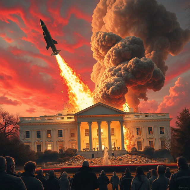 An intense scene of a missile striking the White House, leading to a spectacular explosion that causes the building to disintegrate into rubble