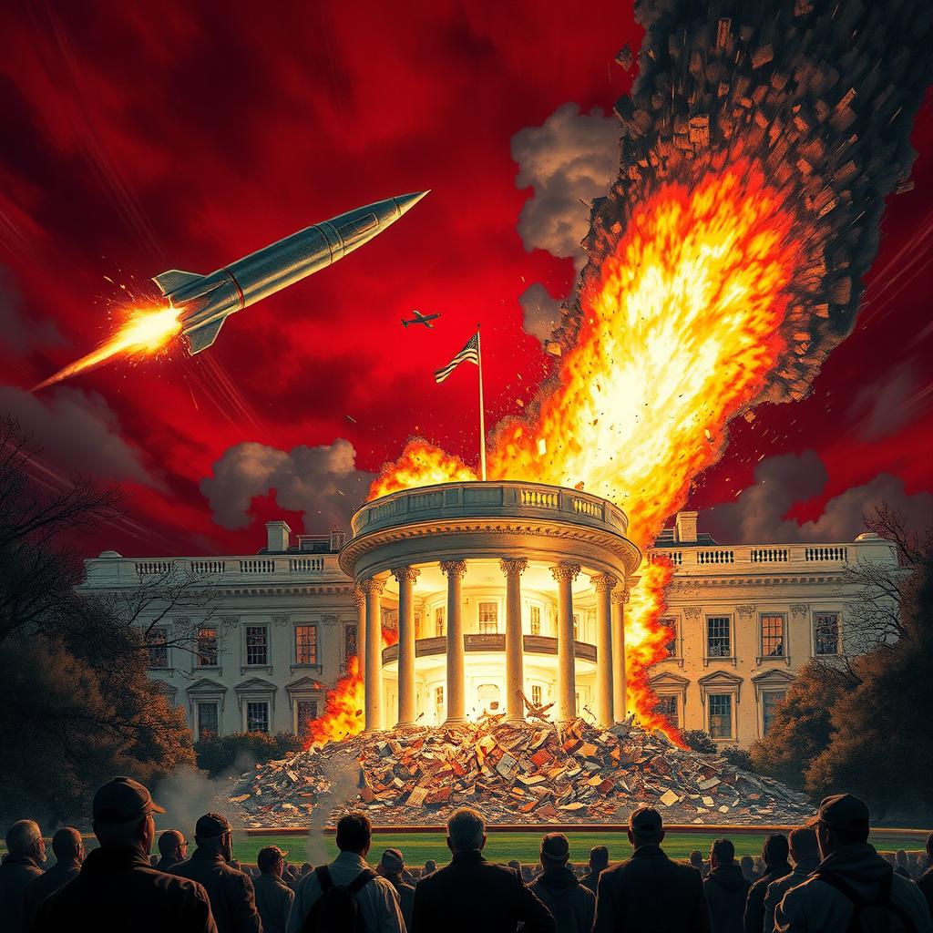 An intense scene of a missile striking the White House, leading to a spectacular explosion that causes the building to disintegrate into rubble