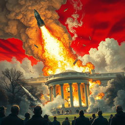 An intense scene of a missile striking the White House, leading to a spectacular explosion that causes the building to disintegrate into rubble