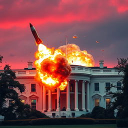 A dramatic and intense scene of a missile striking the White House, captured at the moment of impact