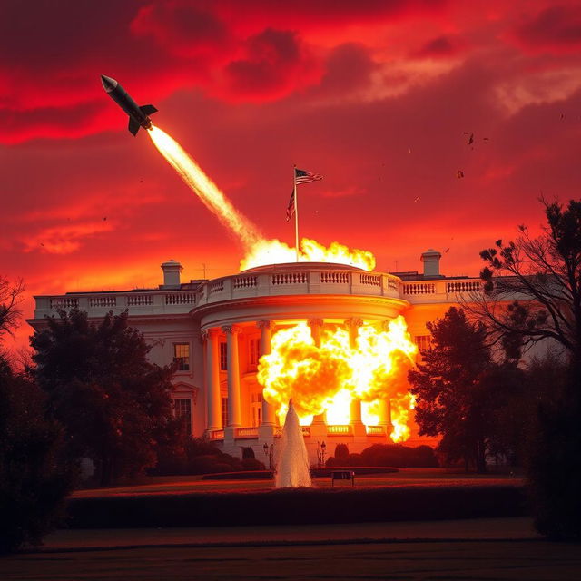 A dramatic and intense scene of a missile striking the White House, captured at the moment of impact