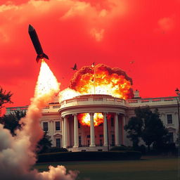 A dramatic and intense scene of a missile striking the White House, captured at the moment of impact