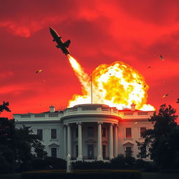 A dramatic and intense scene of a missile striking the White House, captured at the moment of impact