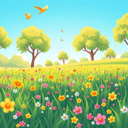 A cheerful and vibrant cartoon-style illustration depicting a sunny park scene with lush, green grass and an abundance of small, colorful, cute flowers scattered throughout