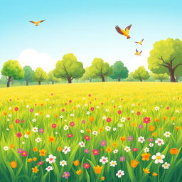 A cheerful and vibrant cartoon-style illustration depicting a sunny park scene with lush, green grass and an abundance of small, colorful, cute flowers scattered throughout