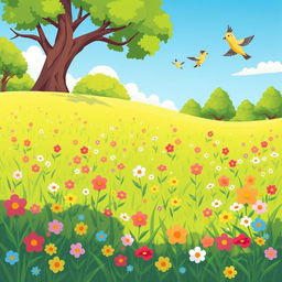 A cheerful and vibrant cartoon-style illustration depicting a sunny park scene with lush, green grass and an abundance of small, colorful, cute flowers scattered throughout