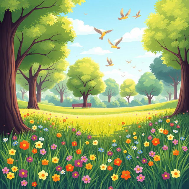 A cheerful and vibrant cartoon-style illustration depicting a sunny park scene with lush, green grass and an abundance of small, colorful, cute flowers scattered throughout