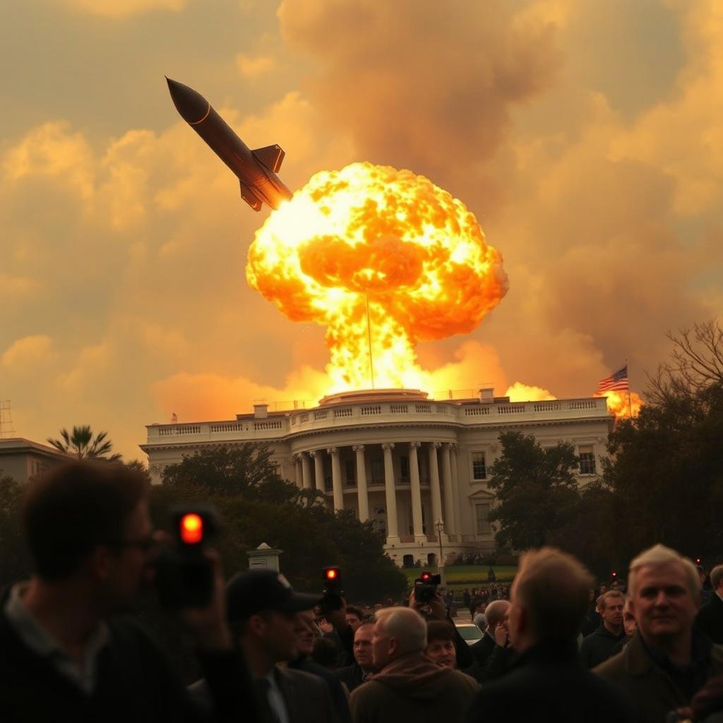 A dramatic and cinematic portrayal of a missile soaring at incredible speed towards the White House, against a backdrop of chaos in Washington, D