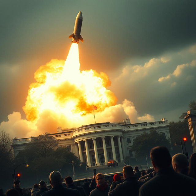 A dramatic and cinematic portrayal of a missile soaring at incredible speed towards the White House, against a backdrop of chaos in Washington, D