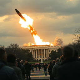 A dramatic and cinematic portrayal of a missile soaring at incredible speed towards the White House, against a backdrop of chaos in Washington, D