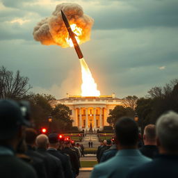 A dramatic and cinematic portrayal of a missile soaring at incredible speed towards the White House, against a backdrop of chaos in Washington, D