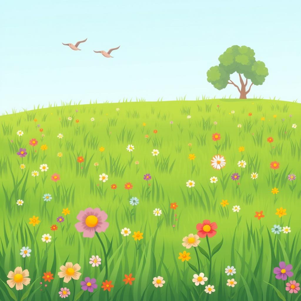 A charming and simple grassy park filled with lush green grass, dotted with colorful wildflowers