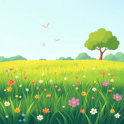 A charming and simple grassy park filled with lush green grass, dotted with colorful wildflowers