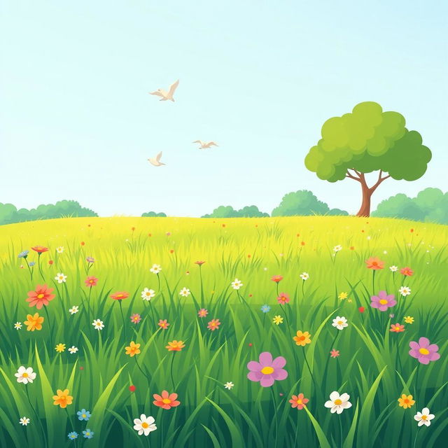 A charming and simple grassy park filled with lush green grass, dotted with colorful wildflowers