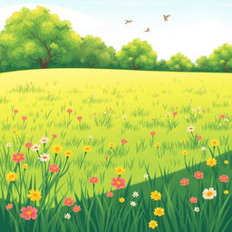 A charming and simple grassy park filled with lush green grass, dotted with colorful wildflowers