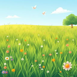 A charming and simple grassy park filled with lush green grass, dotted with colorful wildflowers