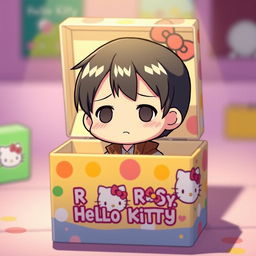 A chibi-style character resembling Levi Ackerman from Attack on Titan, cutely nestled inside a vibrant Hello Kitty-themed box