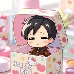 A chibi-style character resembling Levi Ackerman from Attack on Titan, cutely nestled inside a vibrant Hello Kitty-themed box
