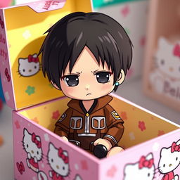 A chibi-style character resembling Levi Ackerman from Attack on Titan, cutely nestled inside a vibrant Hello Kitty-themed box