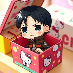 A chibi-style character resembling Levi Ackerman from Attack on Titan, cutely nestled inside a vibrant Hello Kitty-themed box