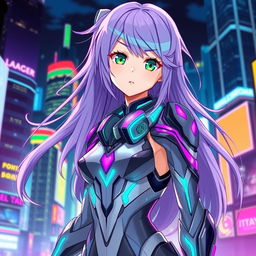 Create an anime character design featuring a young woman with long, flowing lavender hair and striking emerald green eyes
