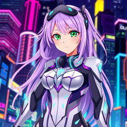 Create an anime character design featuring a young woman with long, flowing lavender hair and striking emerald green eyes