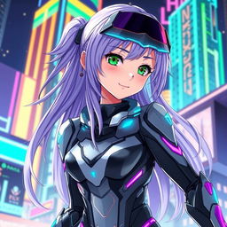 Create an anime character design featuring a young woman with long, flowing lavender hair and striking emerald green eyes