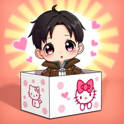 A cute chibi version of Levi Ackerman from Attack on Titan, with exaggeratedly large eyes and a small, playful expression, perfectly nestled inside a colorful Hello Kitty-themed box
