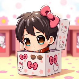 A cute chibi version of Levi Ackerman from Attack on Titan, with exaggeratedly large eyes and a small, playful expression, perfectly nestled inside a colorful Hello Kitty-themed box