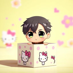 A cute chibi version of Levi Ackerman from Attack on Titan, with exaggeratedly large eyes and a small, playful expression, perfectly nestled inside a colorful Hello Kitty-themed box