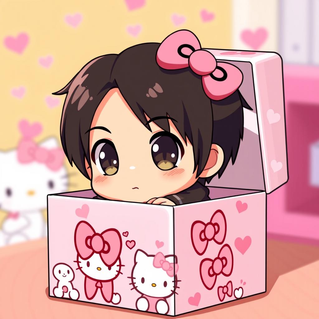 A cute chibi version of Levi Ackerman from Attack on Titan, with exaggeratedly large eyes and a small, playful expression, perfectly nestled inside a colorful Hello Kitty-themed box