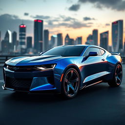 A futuristic concept design of a Camaro and Mustang hybrid car for the year 2026, showcasing sleek, aerodynamic lines and an aggressive stance