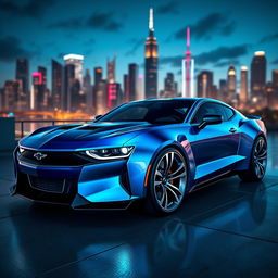 A futuristic concept design of a Camaro and Mustang hybrid car for the year 2026, showcasing sleek, aerodynamic lines and an aggressive stance