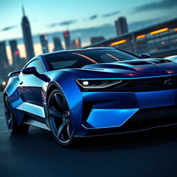 A futuristic concept design of a Camaro and Mustang hybrid car for the year 2026, showcasing sleek, aerodynamic lines and an aggressive stance