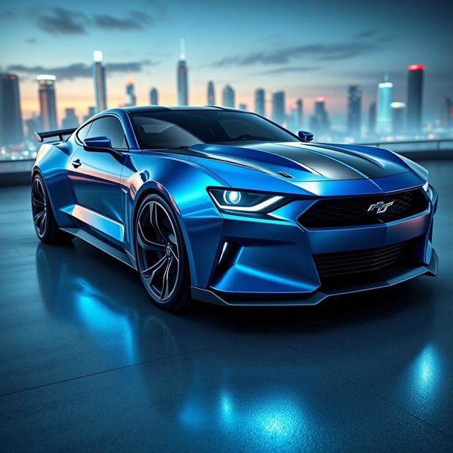 A futuristic concept design of a Camaro and Mustang hybrid car for the year 2026, showcasing sleek, aerodynamic lines and an aggressive stance